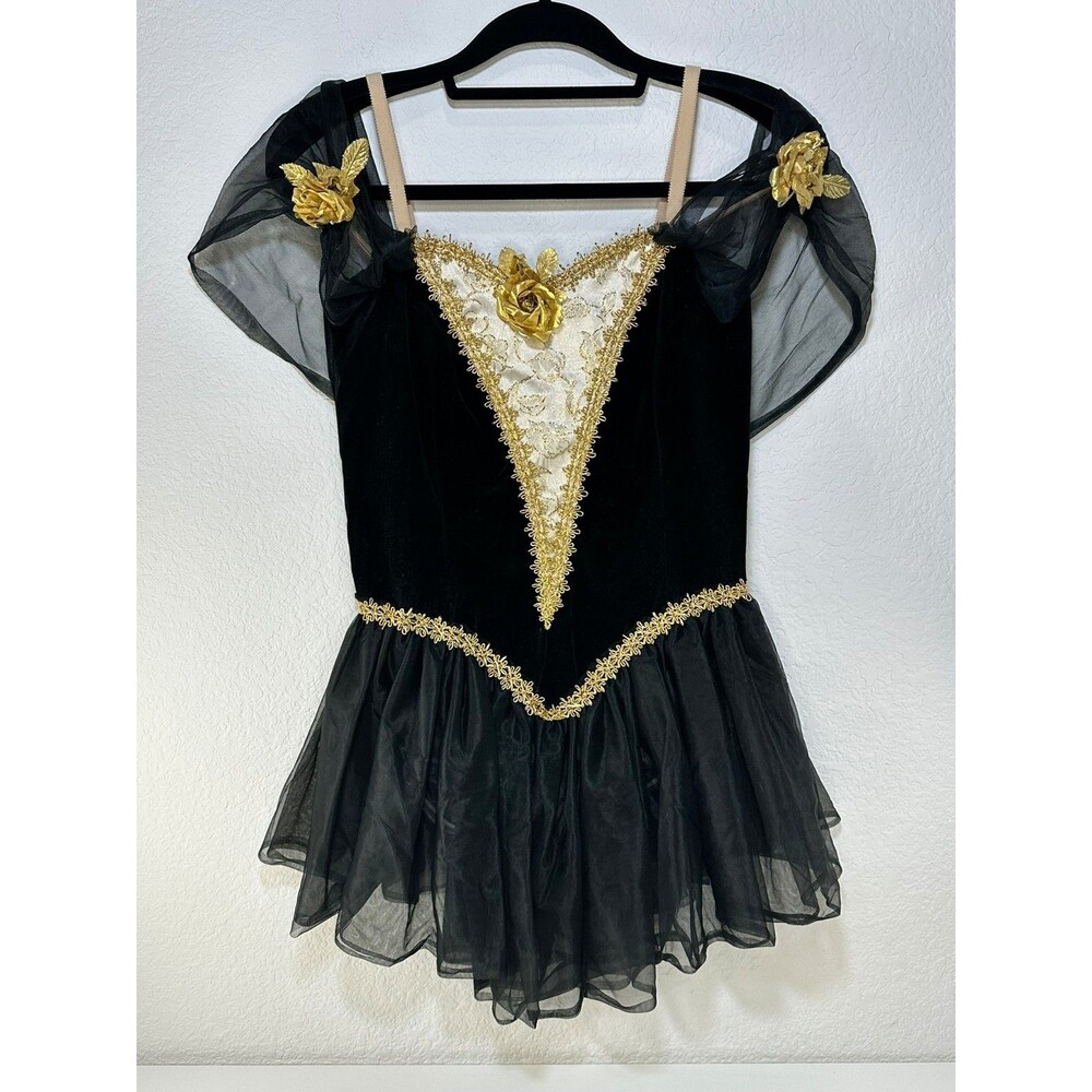 Curtain Call Ballet Costume Black Gold Velvet Tutu Dress Size 12A Dance Recital